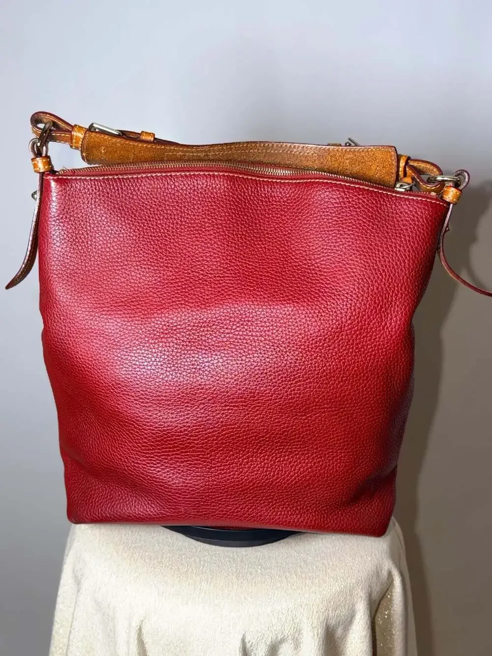 Dooney & Bourke Red Pebbled Leather Dillen Double Pocket Hobo Shoulder Bag